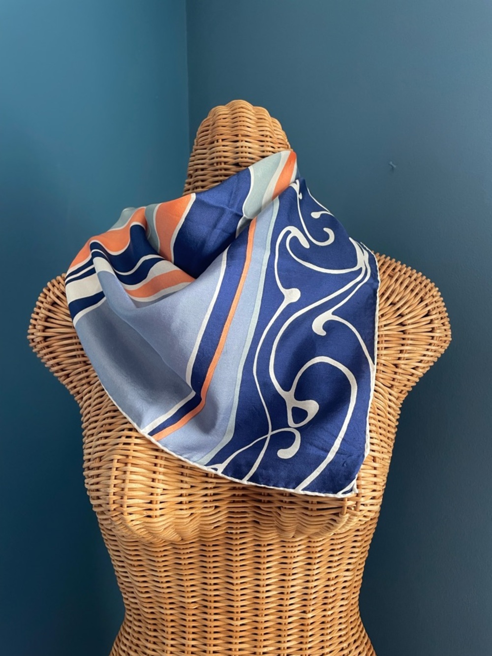 De Mura Vintage Square Silk Scarf Graphic Mid Century Modern Design Blue Orange